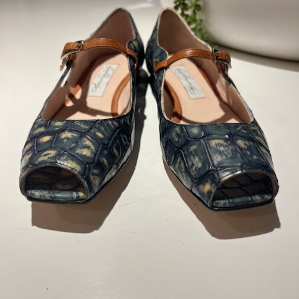 Vintage Diana Broussard Thomas MNavy Embossed Croc Open Toe Flat Pumps Size: 7.5